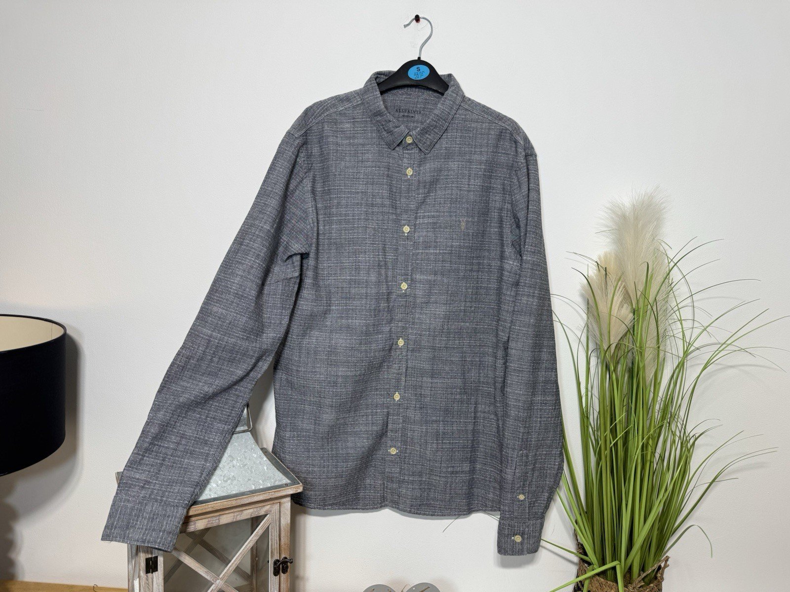 All saint Grey Woven Logo Long Sleeve Shirt Size M