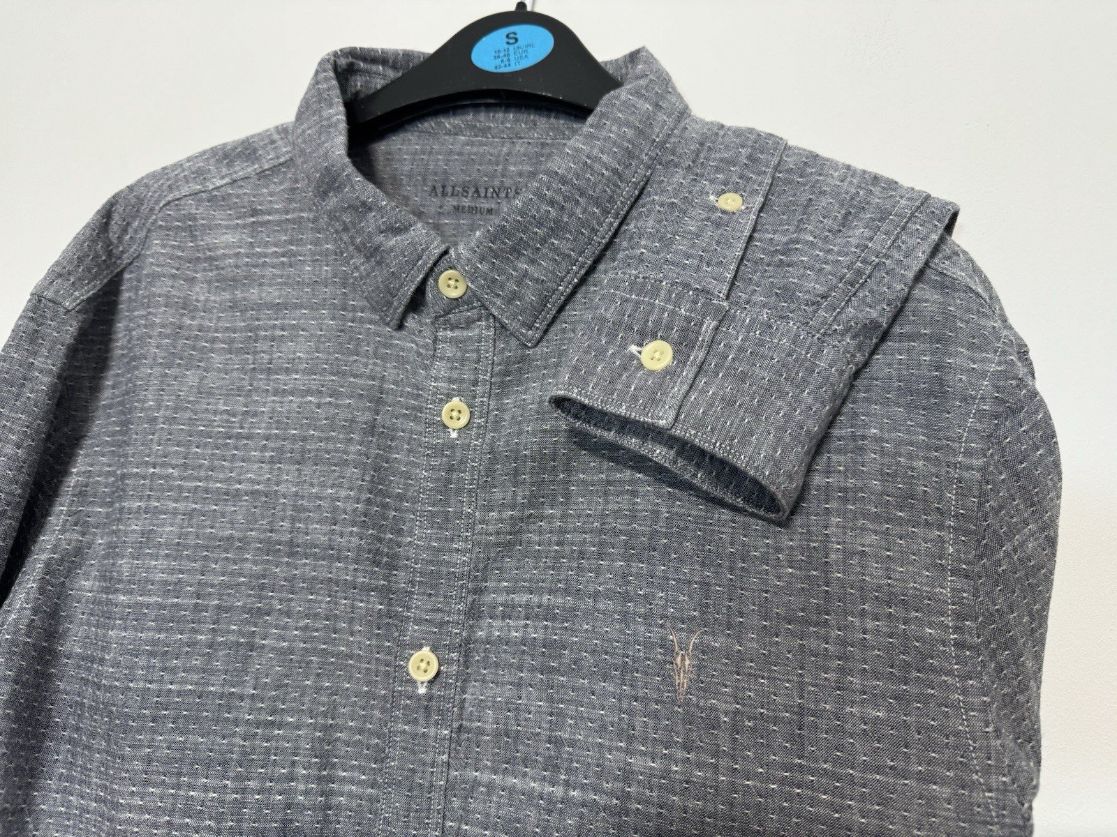 All saint Grey Woven Logo Long Sleeve Shirt Size M