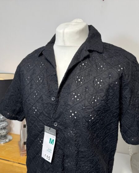 Black Broidery Anglaise Open Neck Relaxed Fit Shirt Size M