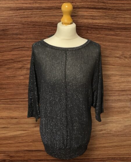 Black Glitter Tunic 3 Quarter Sleeve Tie Bow Top Rear Size M