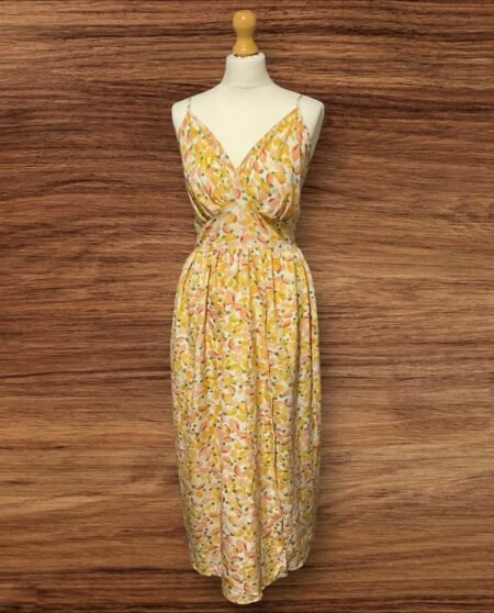 Cream Sun Dress Floral  Fitted Bust Thin Straps Elastic Back Full Skirt Size 2XL