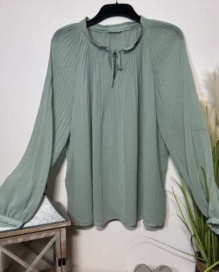 Damart Sage Chiffon Overlay Gathered High Neck Blouse Size 18