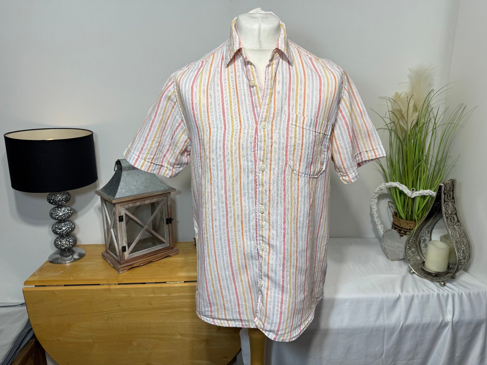 Easy White Stripe Linen Short Sleeve Shirt Size M