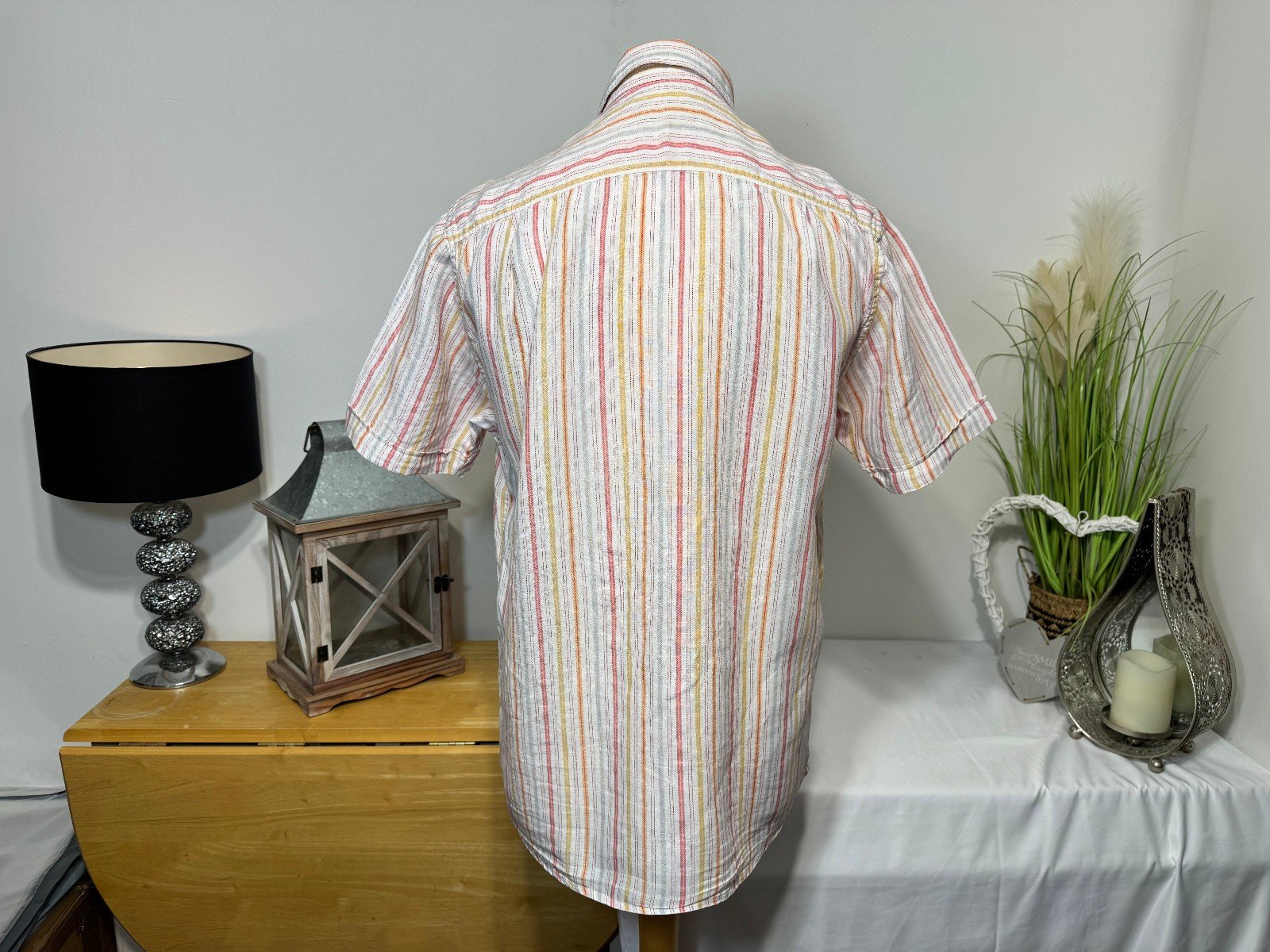 Easy White Stripe Linen Short Sleeve Shirt Size M