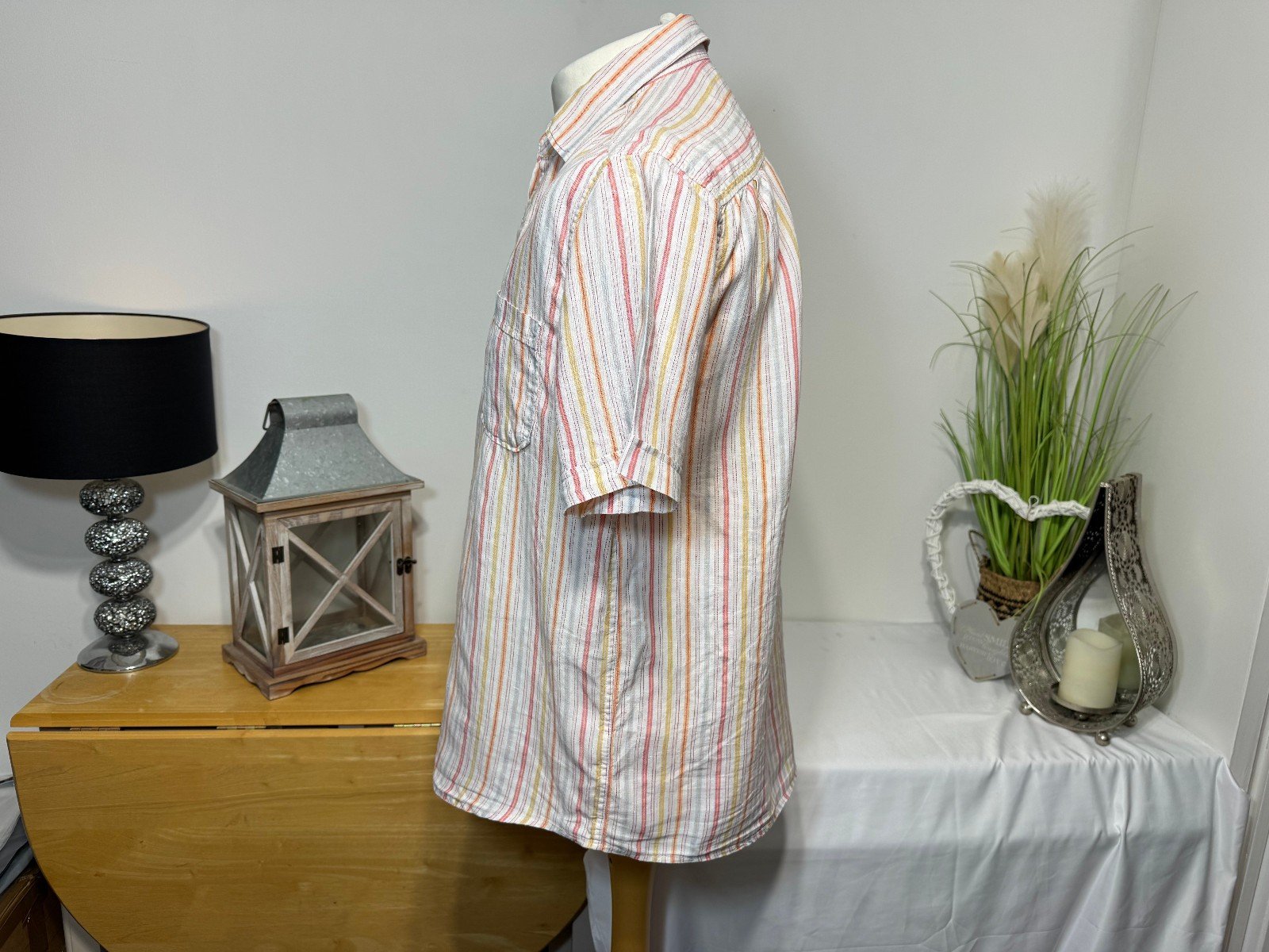 Easy White Stripe Linen Short Sleeve Shirt Size M