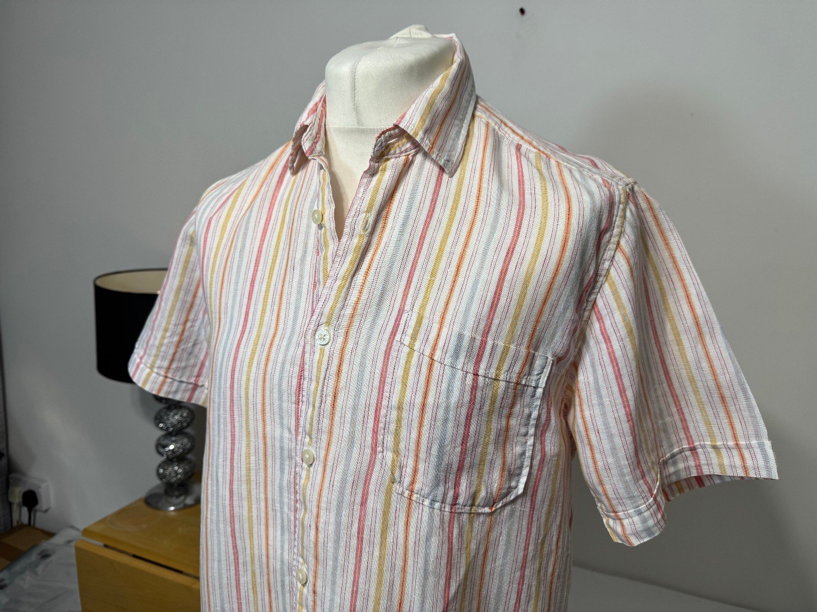 Easy White Stripe Linen Short Sleeve Shirt Size M