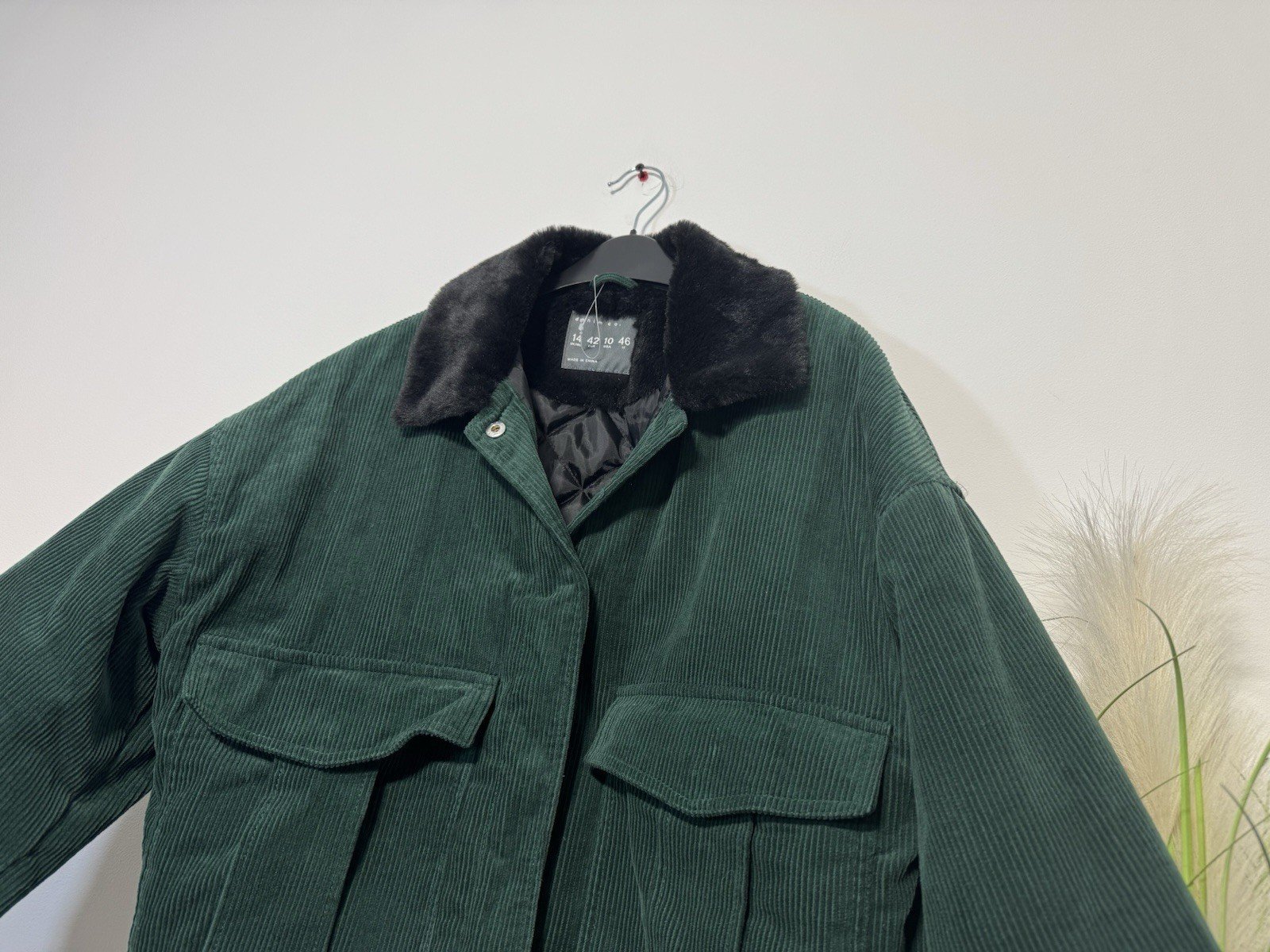 Forest Green Corduroy Line Padded Jacket Faux Fur Collar Size 14