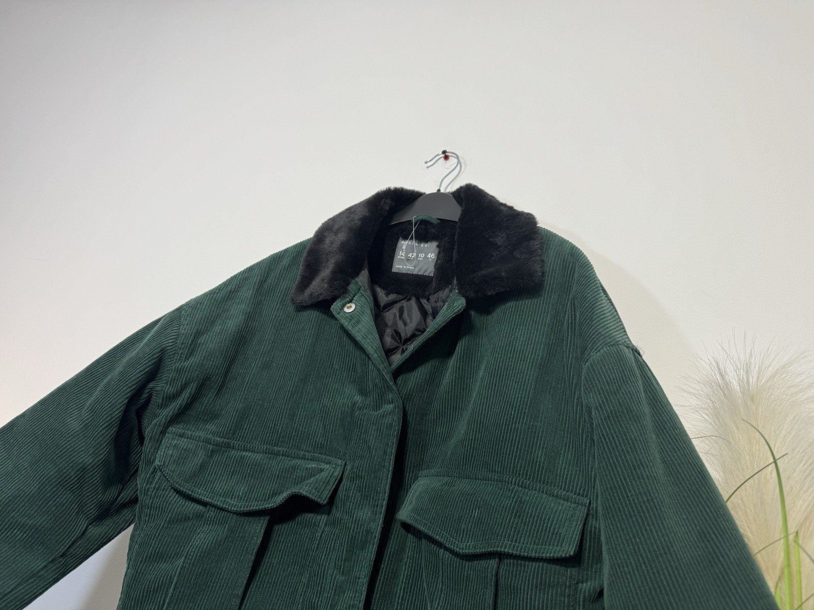 Forest Green Corduroy Line Padded Jacket Faux Fur Collar Size 14