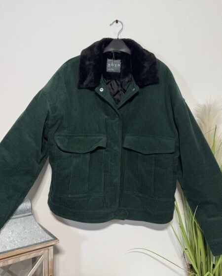 Forest Green Corduroy Line Padded Jacket Faux Fur Collar Size 14