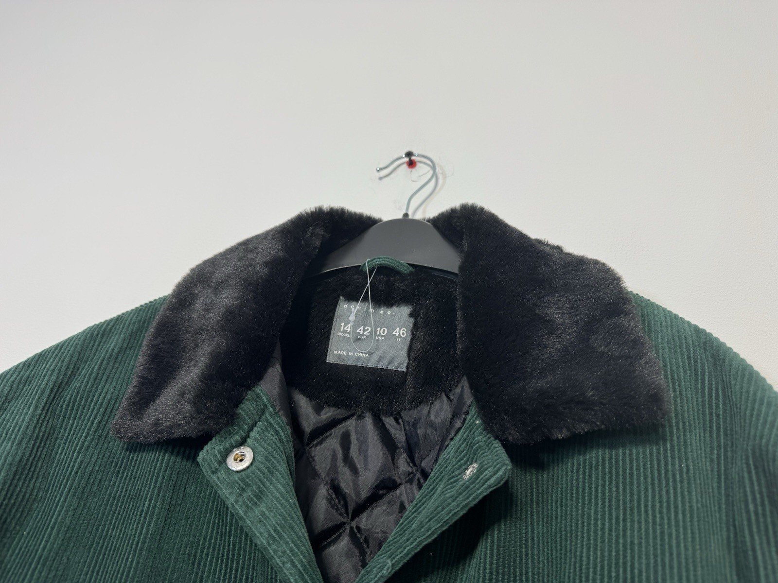 Forest Green Corduroy Line Padded Jacket Faux Fur Collar Size 14