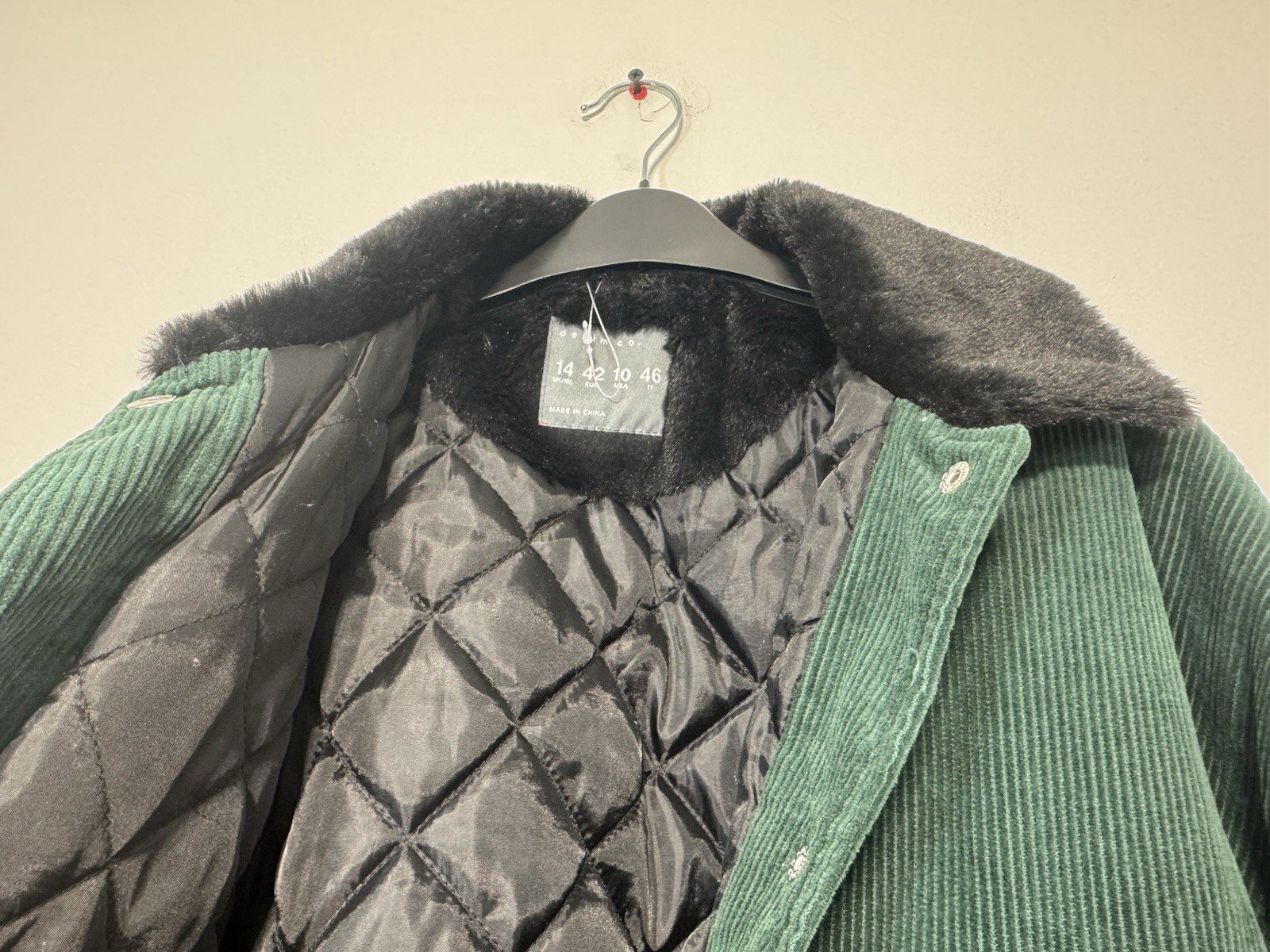 Forest Green Corduroy Line Padded Jacket Faux Fur Collar Size 14