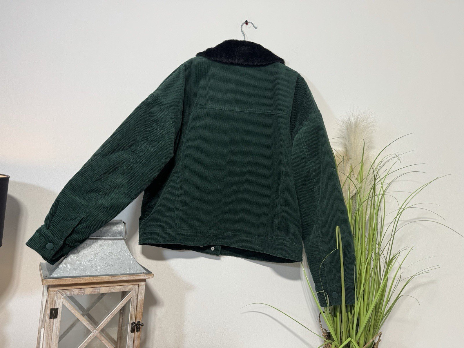 Forest Green Corduroy Line Padded Jacket Faux Fur Collar Size 14