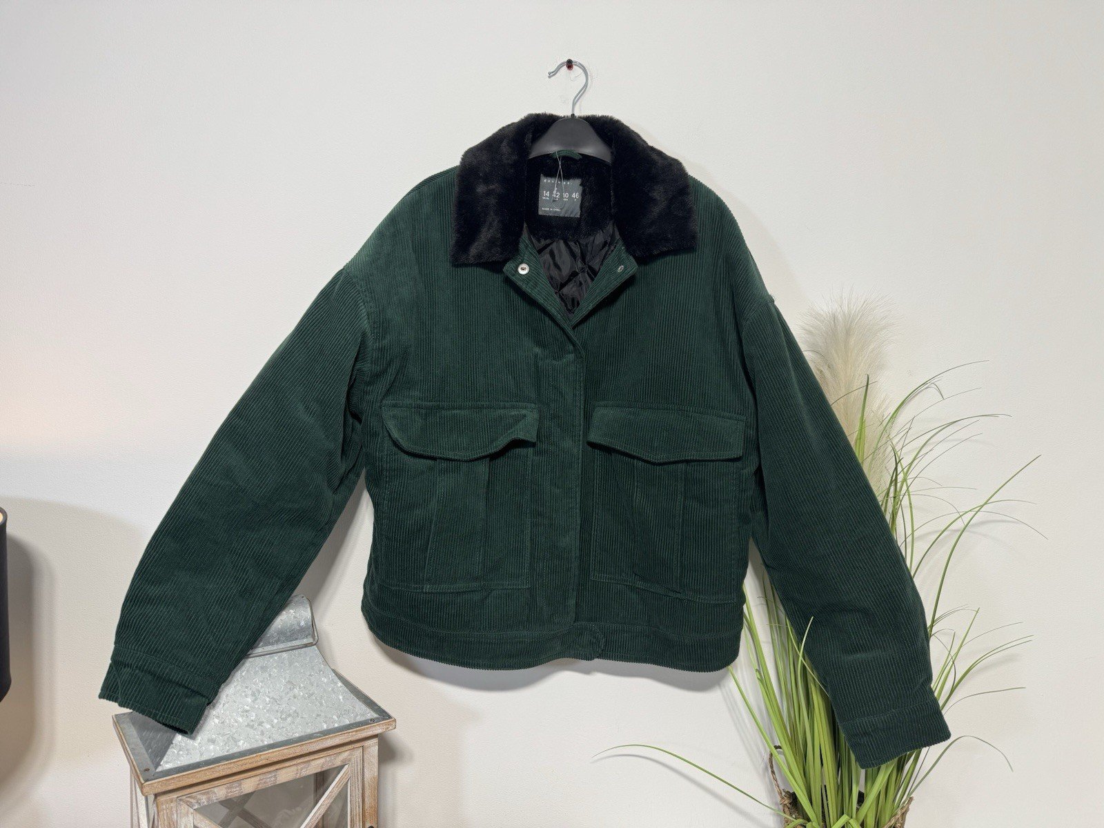 Forest Green Corduroy Line Padded Jacket Faux Fur Collar Size 14
