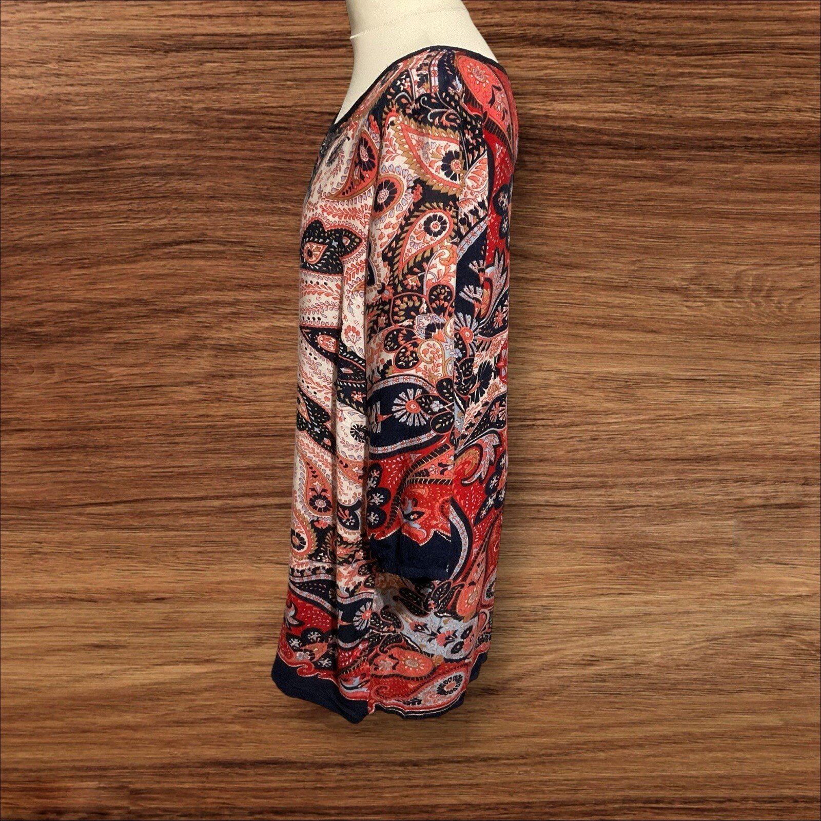 M&Co Paisley Multi Coloured Tunic Elastic Cuff Boat Neck Button Close Size 18