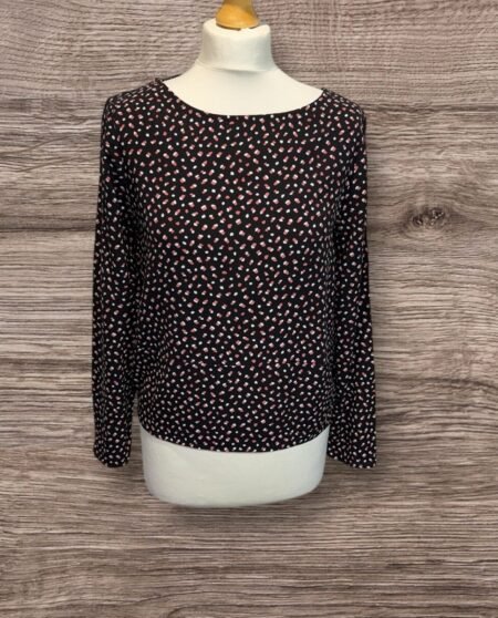 M&S Black Blouse Deep Hem Boat Neck Pleat Back Size 10