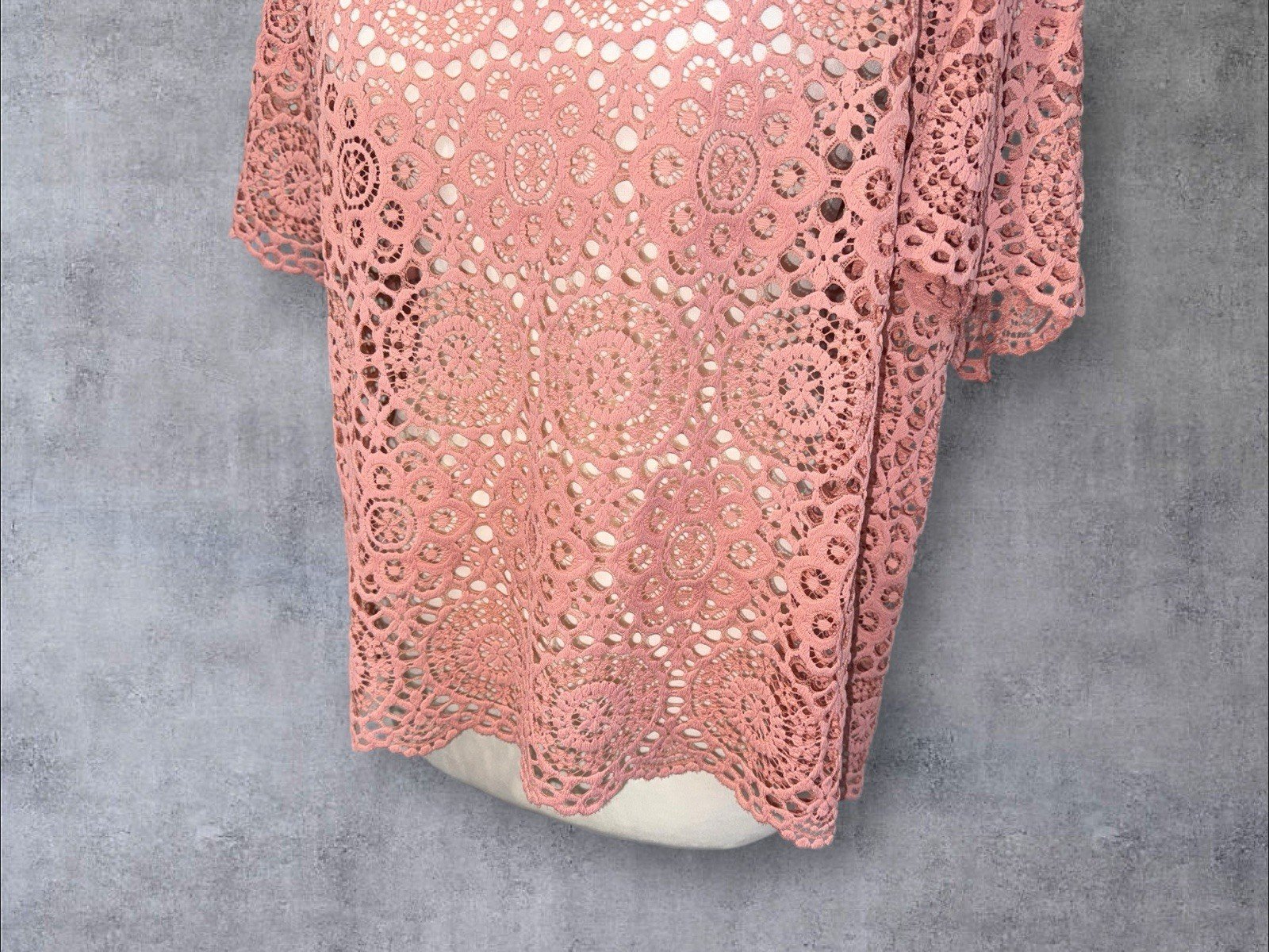 M&S Rose Pink Lace Effect Overlay Blouse Scoop Neck Short Sleeve