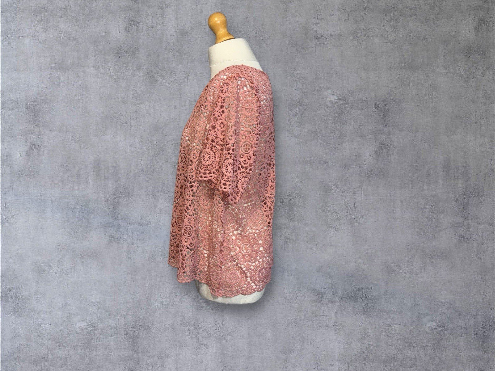 M&S Rose Pink Lace Effect Overlay Blouse Scoop Neck Short Sleeve