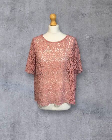 M&S Rose Pink Lace Effect Overlay Blouse Scoop Neck Short Sleeve