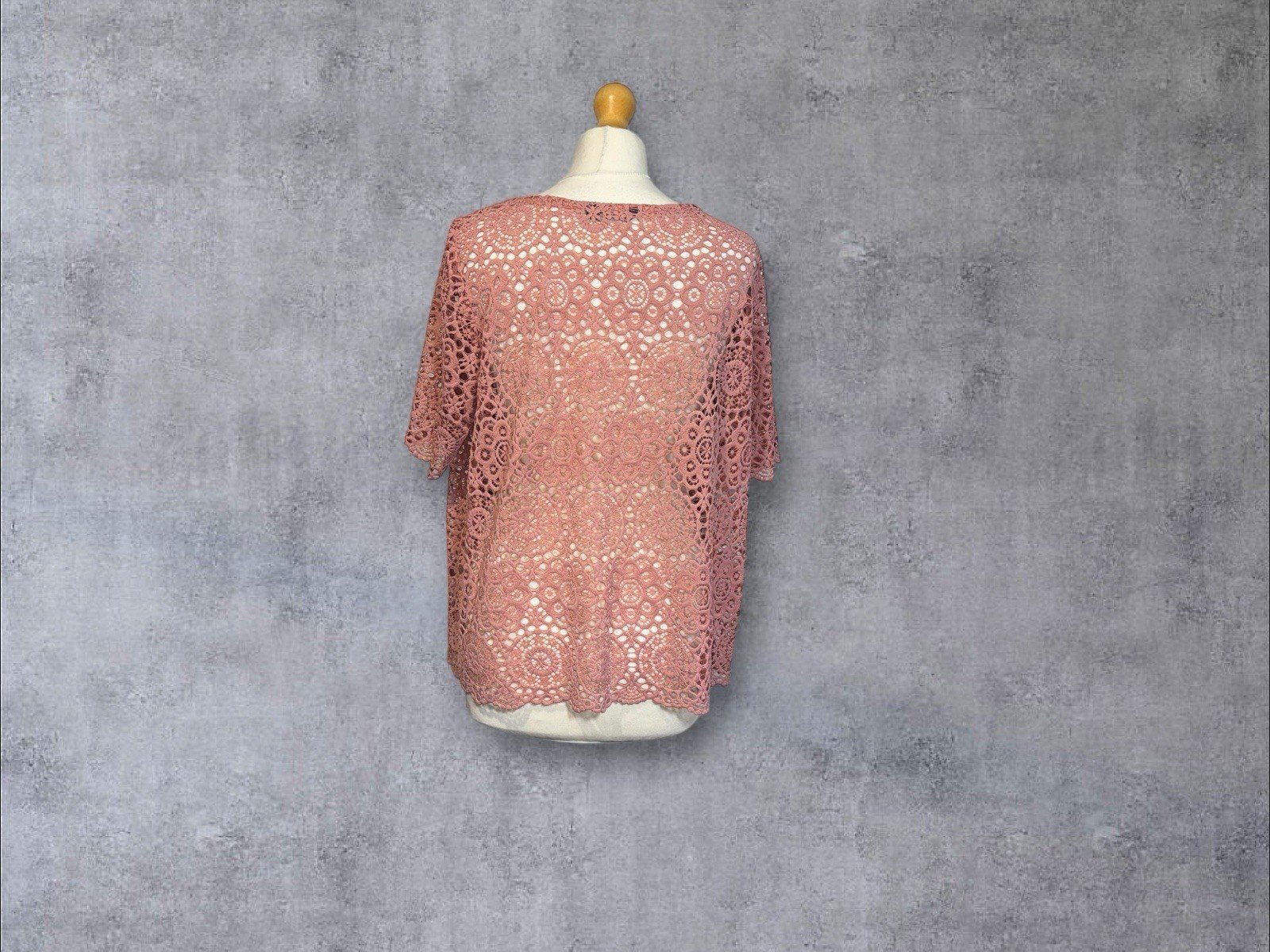 M&S Rose Pink Lace Effect Overlay Blouse Scoop Neck Short Sleeve