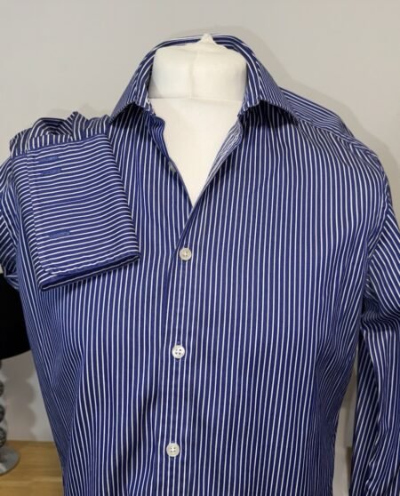 M&S Satorial Superior 2 Fold Cotton Stripe Shirt Neck 15