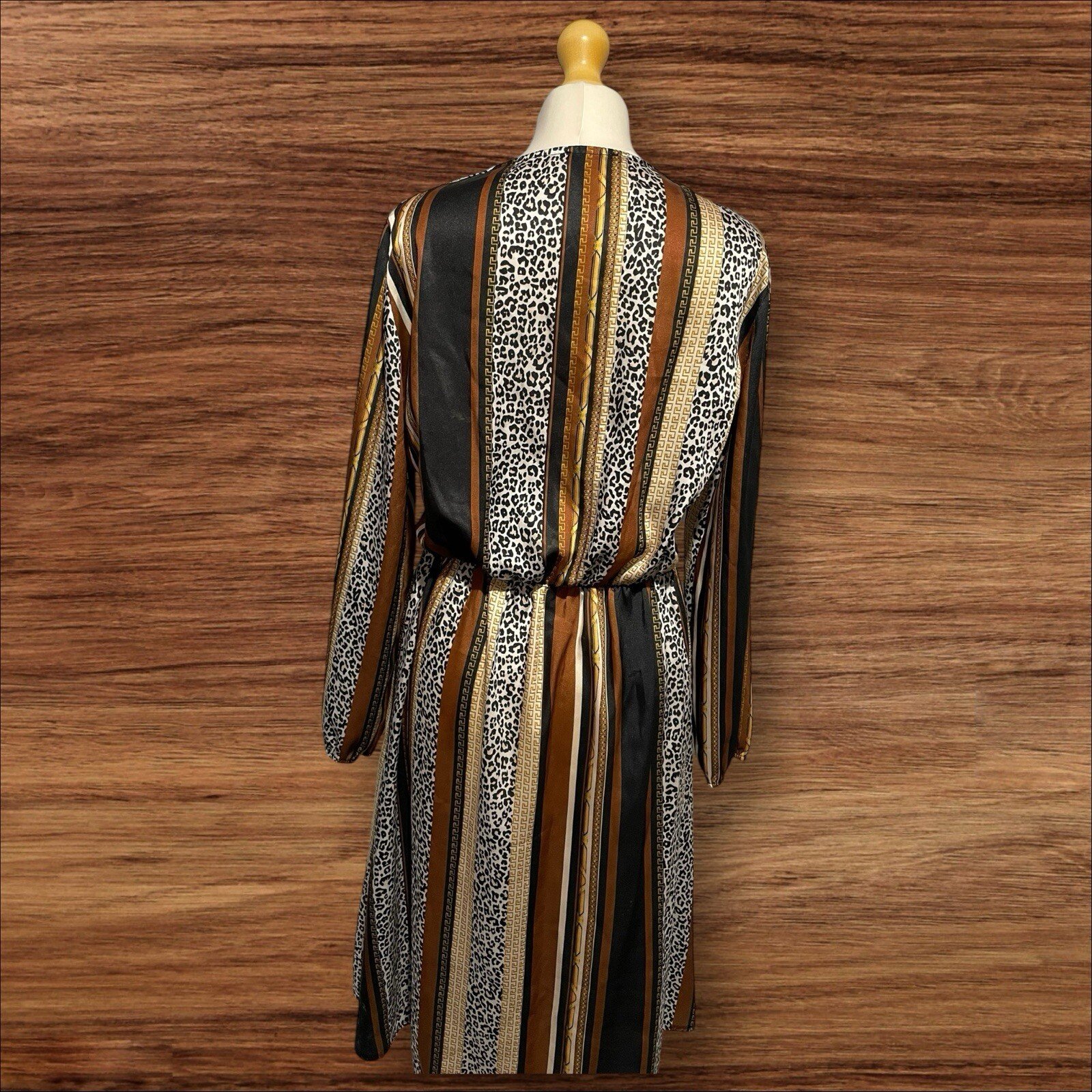 Multi Colour Patterned A-line Dress Wrap V Neck Elastic Cuffs Gold Button S12