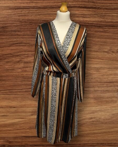 Multi Colour Patterned A-line Dress Wrap V Neck Elastic Cuffs Gold Button S12