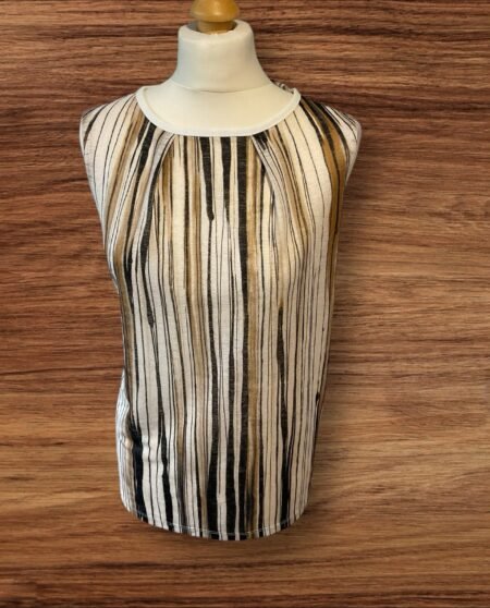 Next White Brown Beige Strip Blouse Side Panel Round Neck Size 18