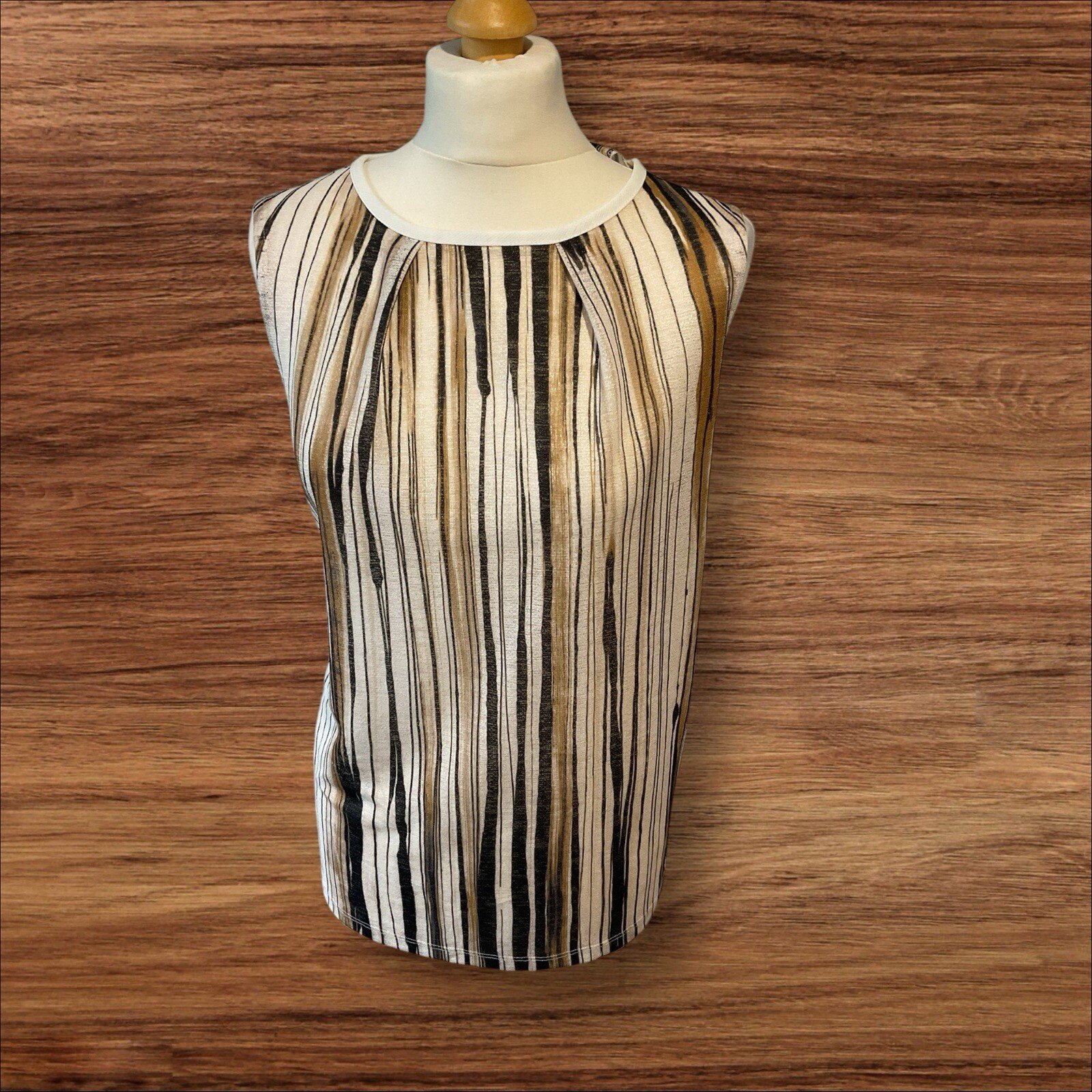 Next White Brown Beige Strip Blouse Side Panel Round Neck Size 18