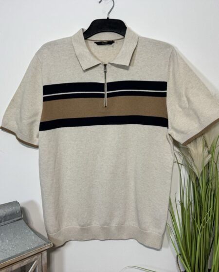 Oatmeal Stripe Fine Knit Polo Top Size L