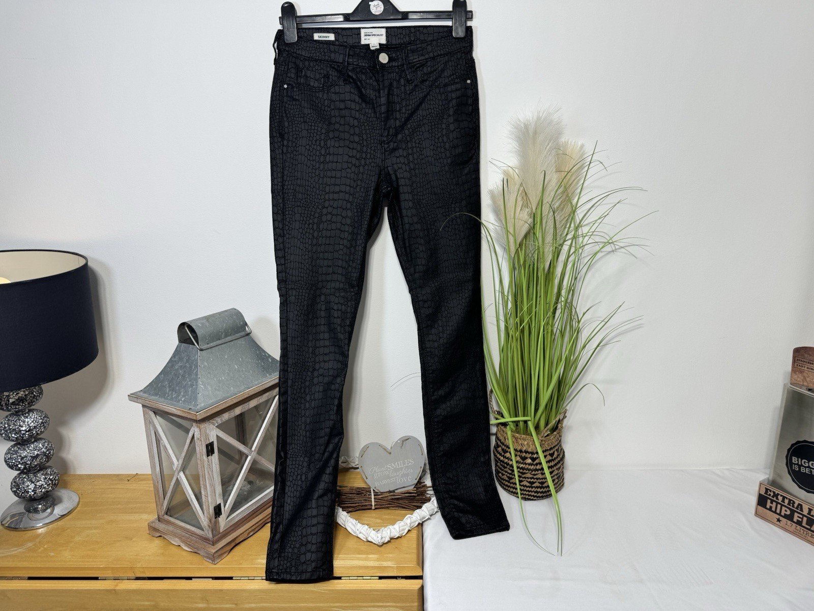 River Island Black Textured Skinny Fit Faux Leather Jeans Size 12L