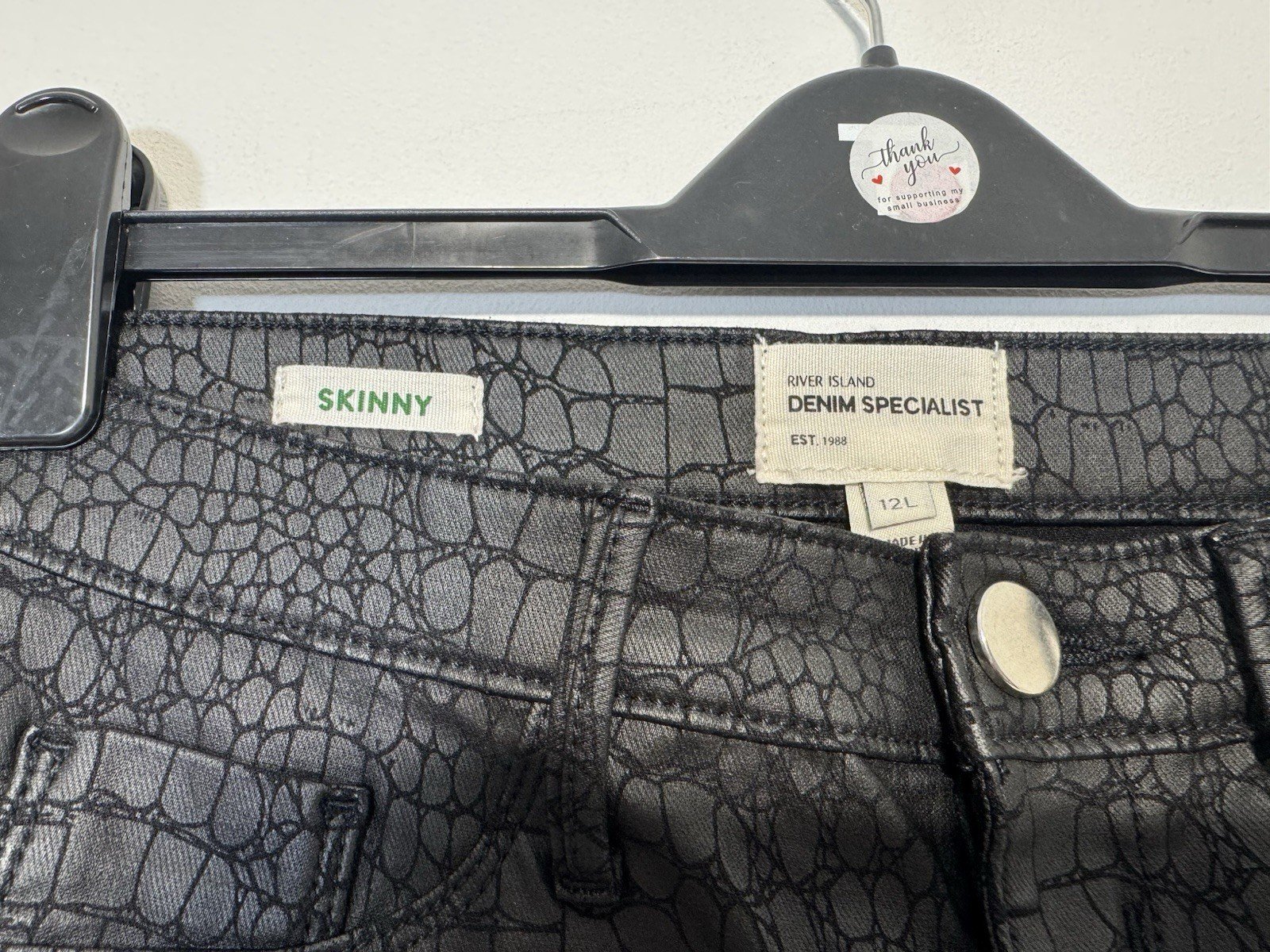 River Island Black Textured Skinny Fit Faux Leather Jeans Size 12L