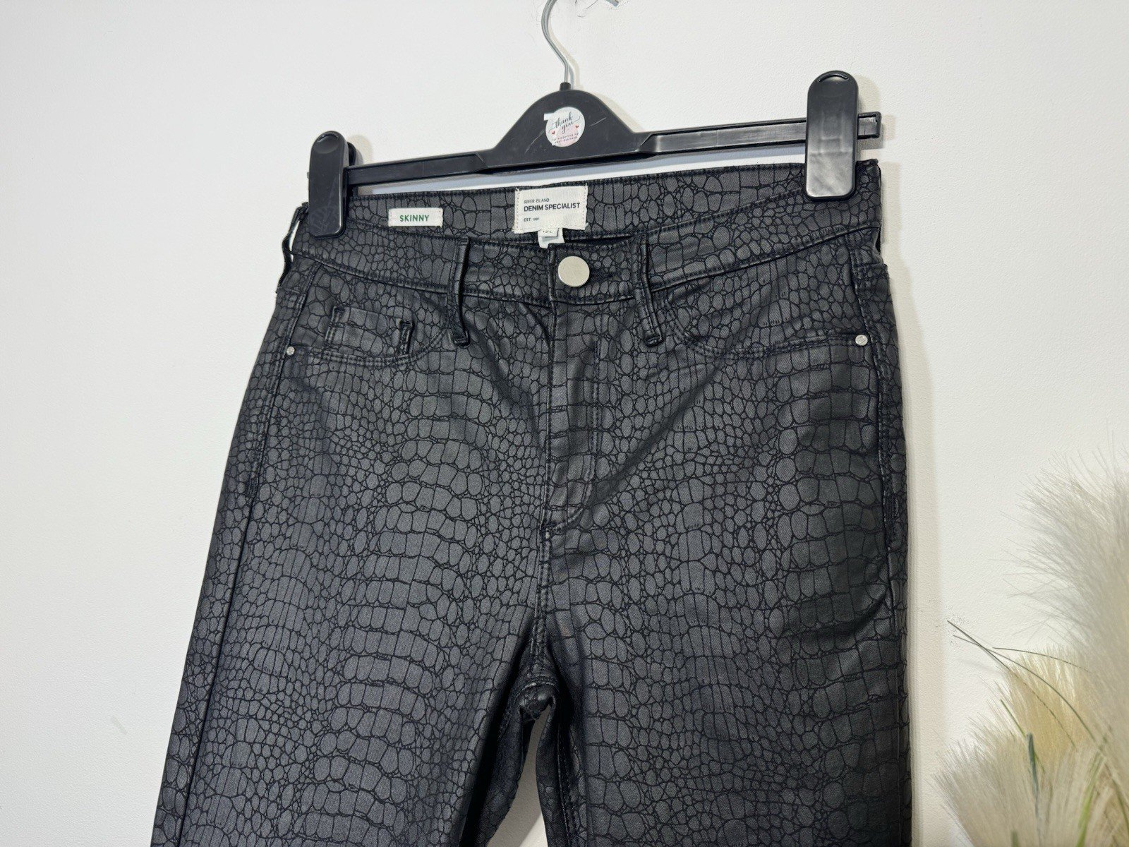 River Island Black Textured Skinny Fit Faux Leather Jeans Size 12L