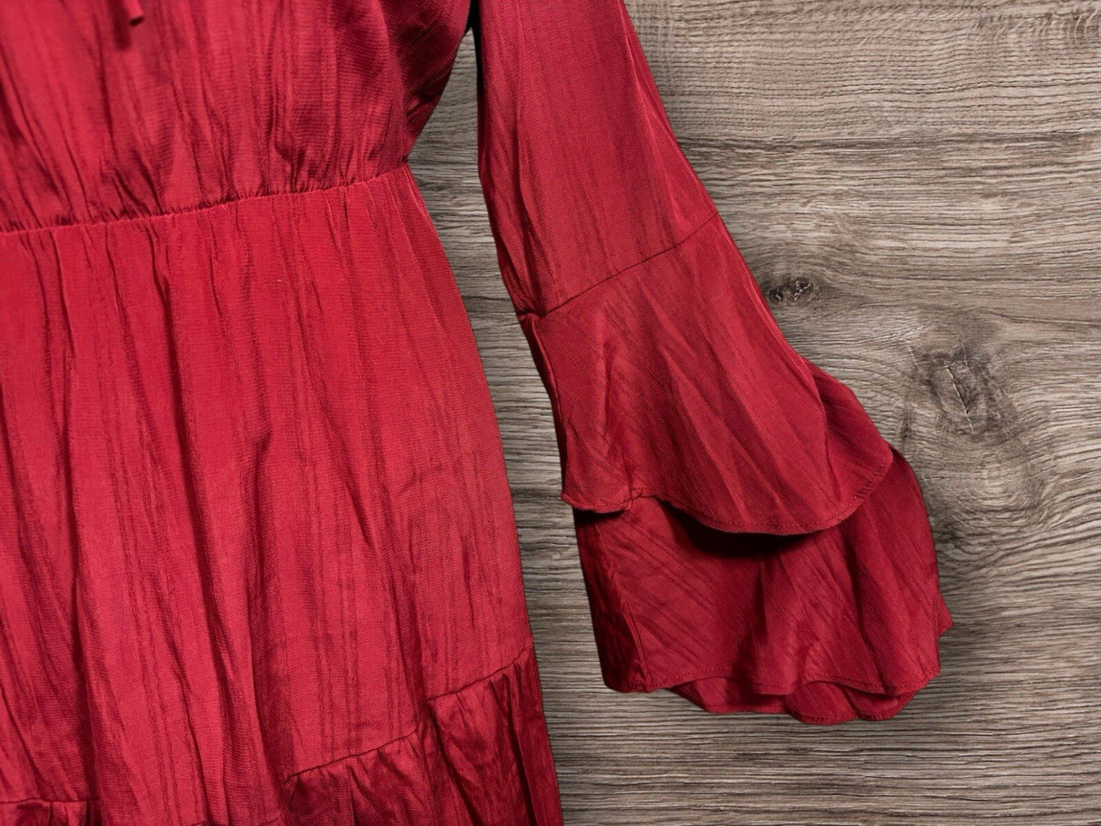 Shein Deep Red Tiered Dress Frill Tie Collar Double Bell Sleeves Size XL