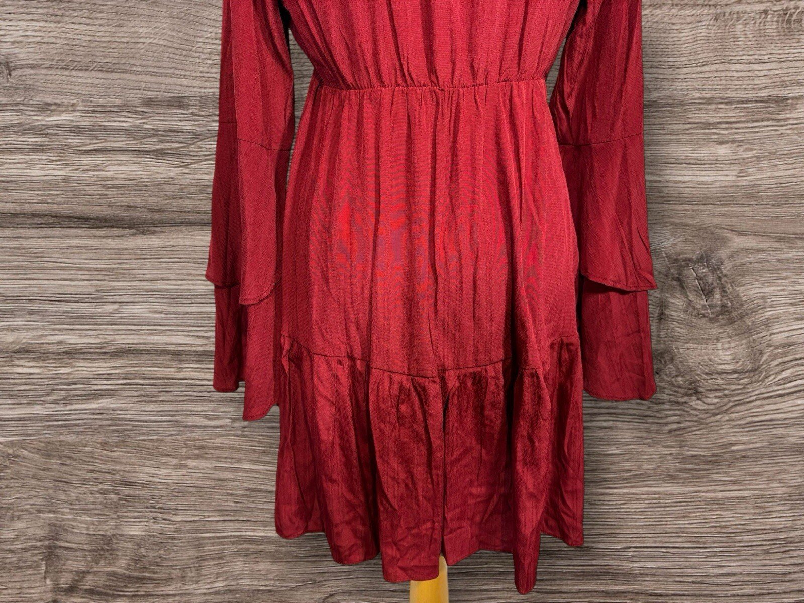 Shein Deep Red Tiered Dress Frill Tie Collar Double Bell Sleeves Size XL
