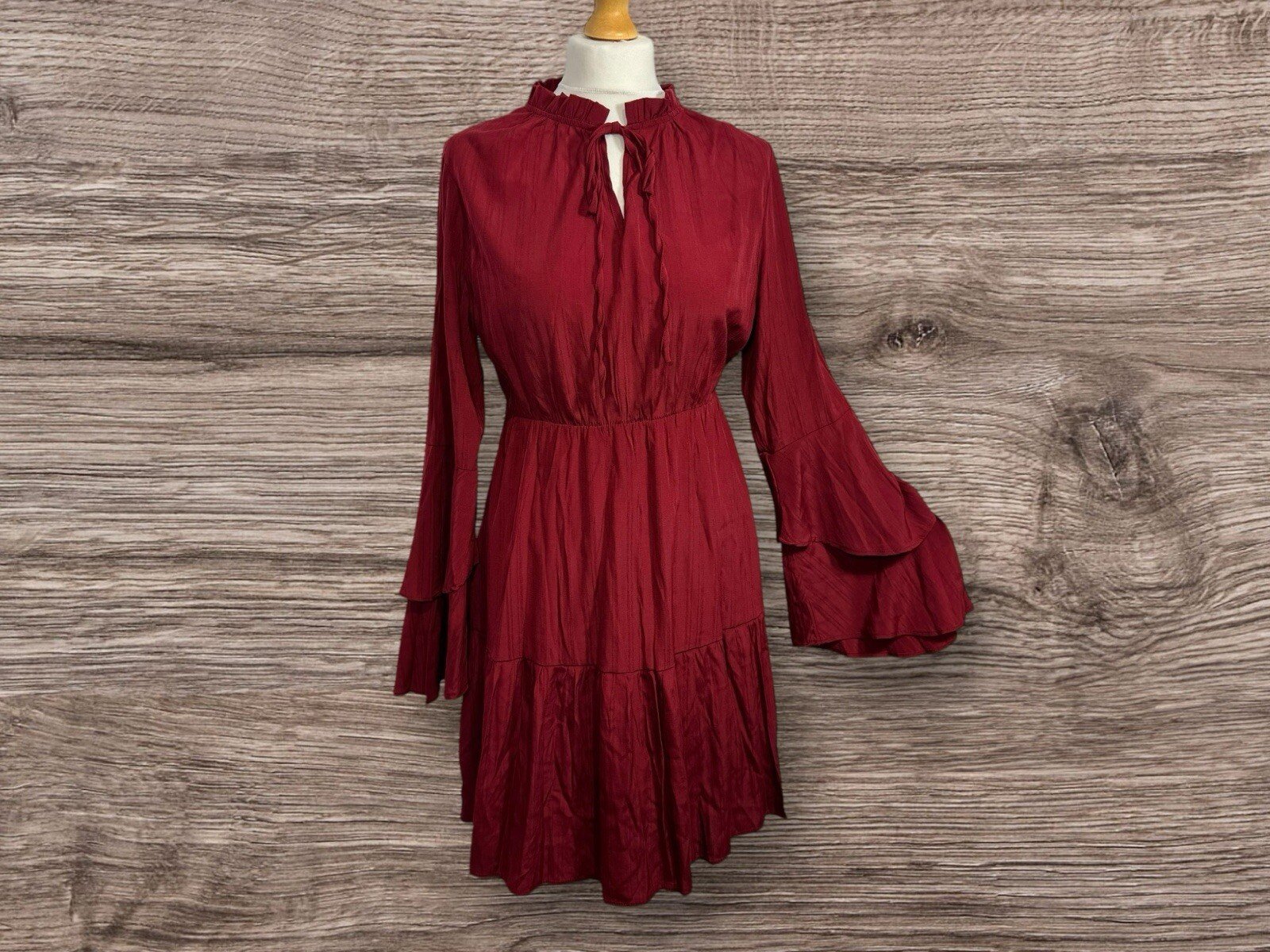 Shein Deep Red Tiered Dress Frill Tie Collar Double Bell Sleeves Size XL