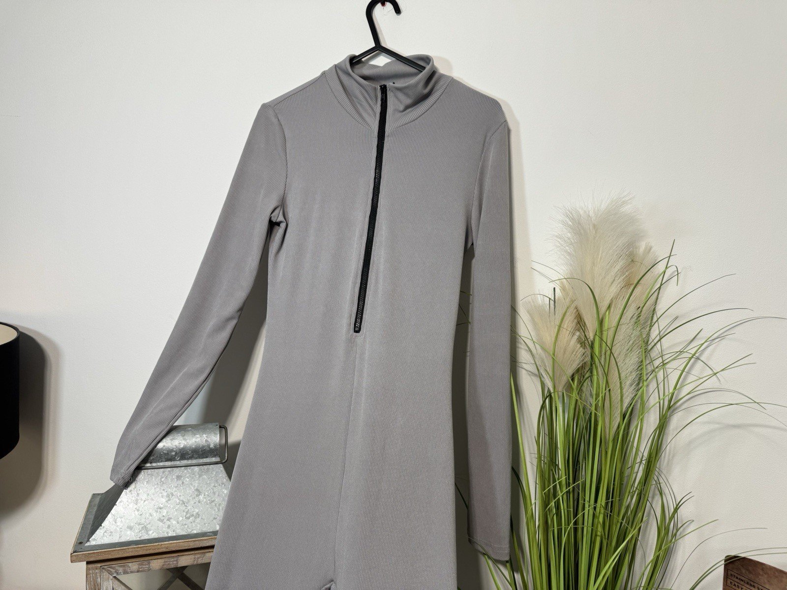 Shein Grey Ribbed Full Zip Bodysuit Size S