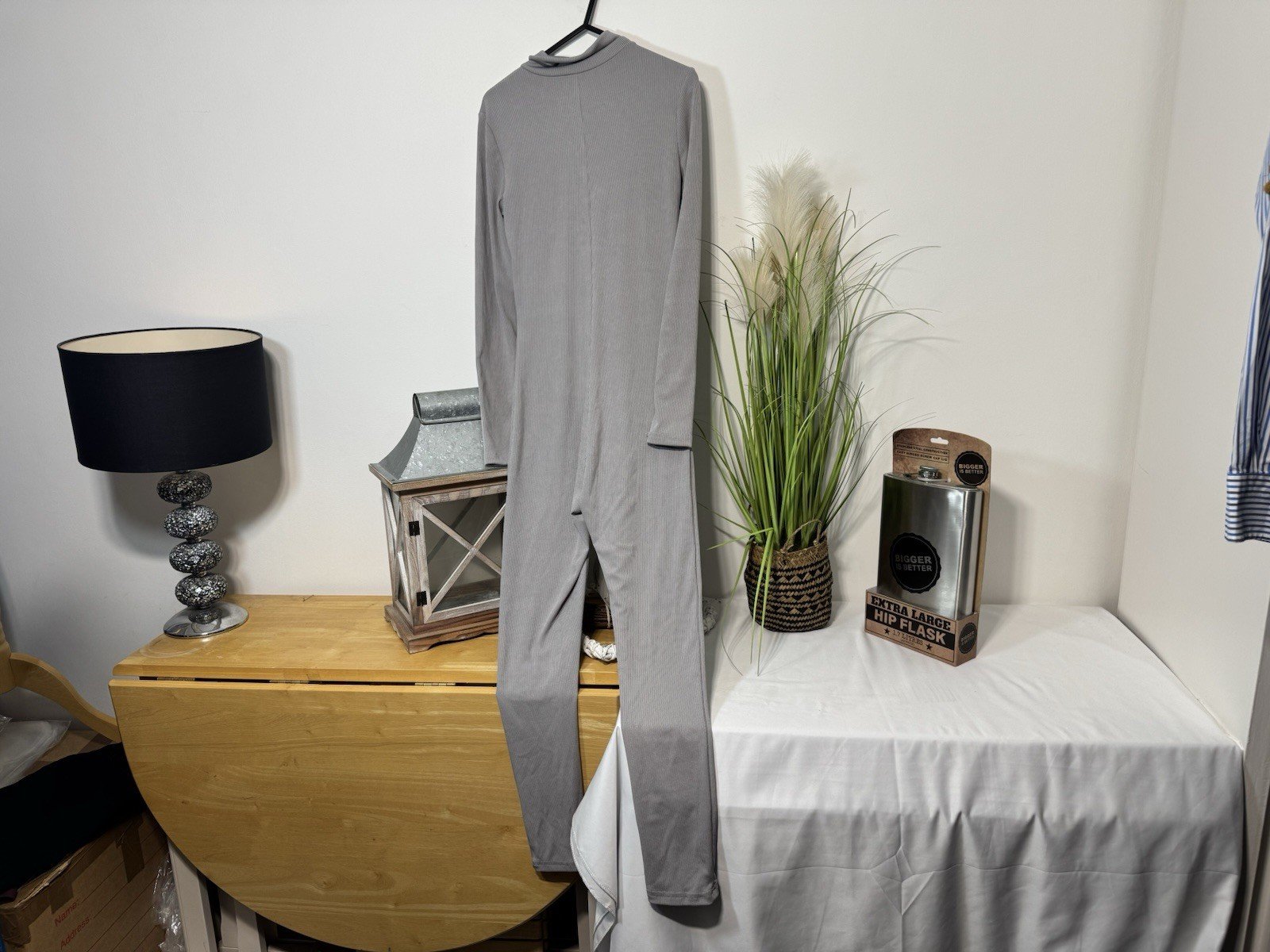 Shein Grey Ribbed Full Zip Bodysuit Size S