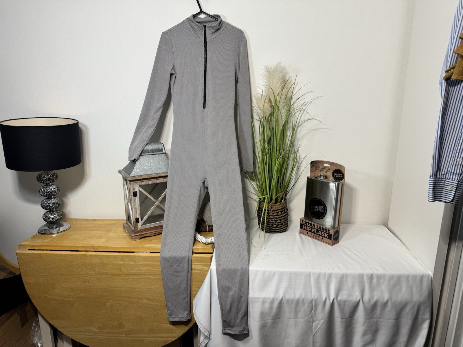 Shein Grey Ribbed Full Zip Bodysuit Size S