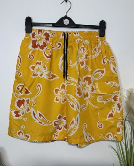 Sunshine Yellow Floral Mesh Lined Swim Shorts Size M