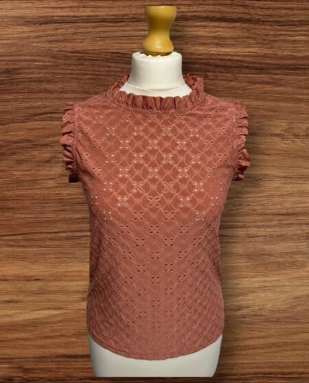 Womens New Look Terracotta Broderie Anglaise Style Top Frill Collar/Sleeve S 8