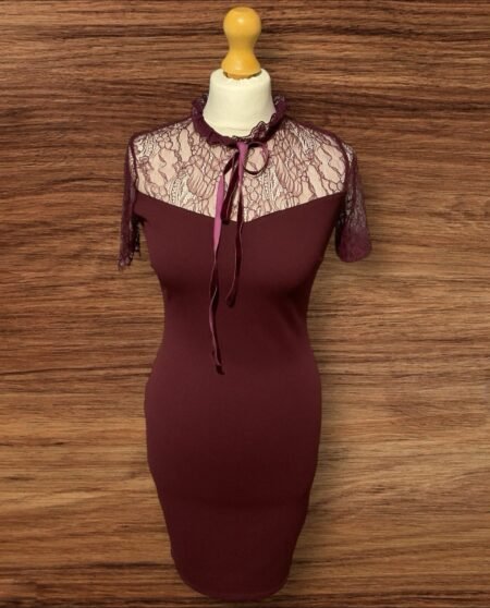 Amisu Purple Knee Length Dress Lace Yolk/Collar And Arms Zip Through Back Size 8