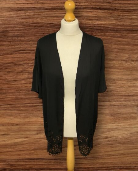 Black Beach Cover Up Open Front 3 Quarter Sleeve Open Pattern Bottom Size XS