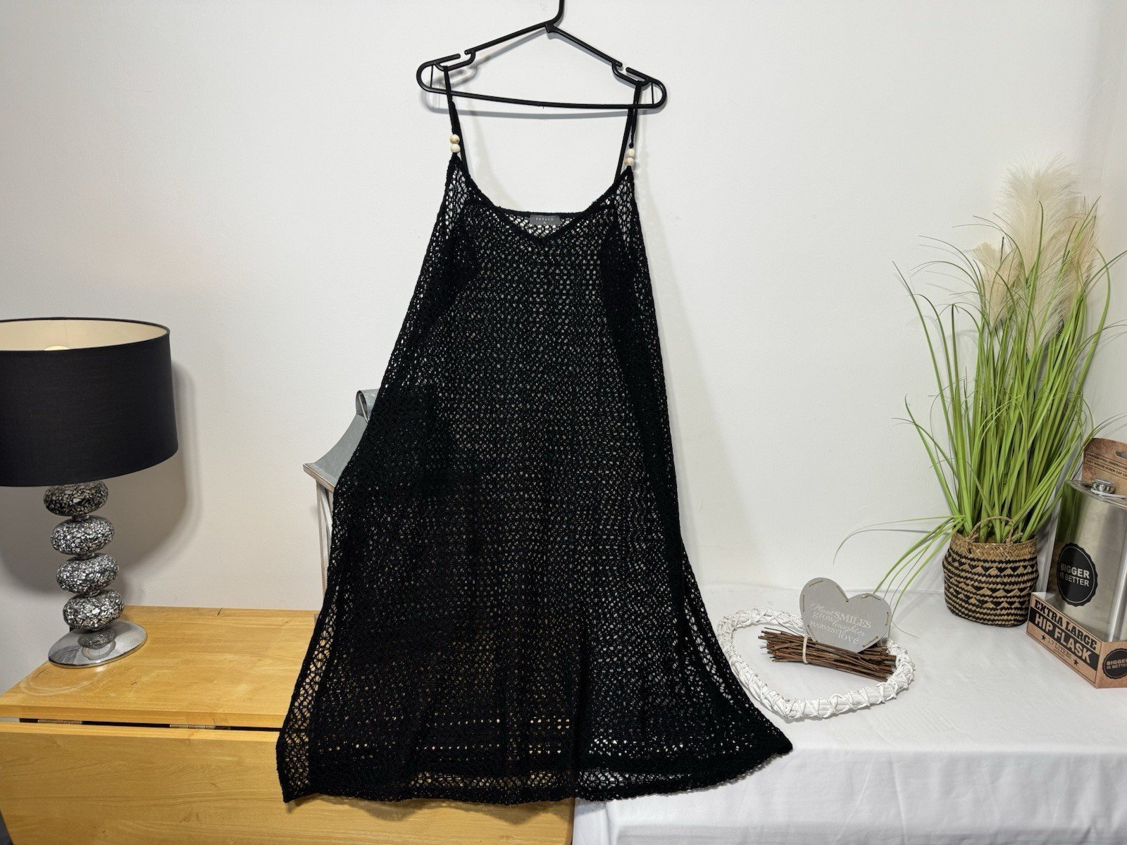 Black Crochet Knit Beach Dress Bead Strap Detail Side Split Hem Size XL