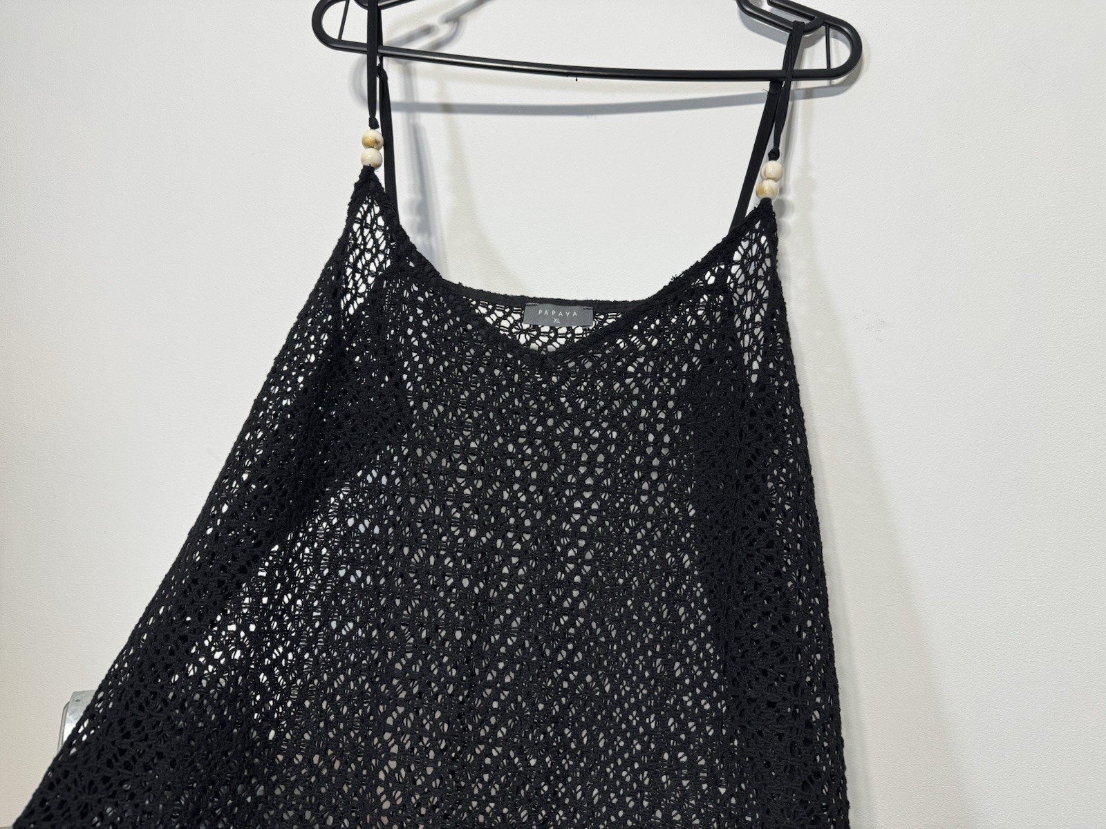 Black Crochet Knit Beach Dress Bead Strap Detail Side Split Hem Size XL