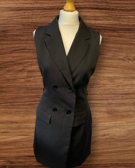 Black Lined Pinefore Dress Front Pockets Collar Sleeveless Button Close S12