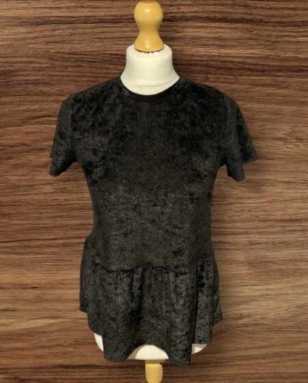 Black Soft Velour Short Sleeve Top With Frill Hem Round Neck Size 8