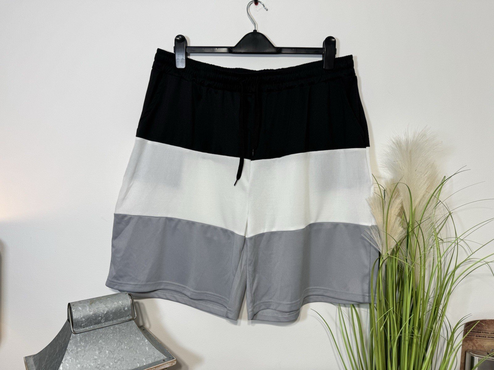 Black White Grey Stripe Elasticated Relax Fit Shorts Size 2XL