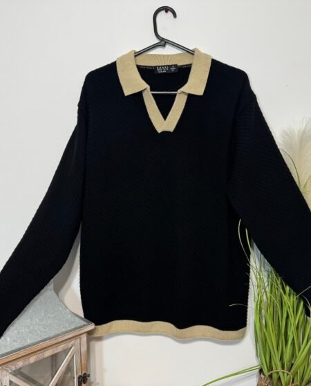 BooHooMan Black Contrast Collar Textured Jumper Size M