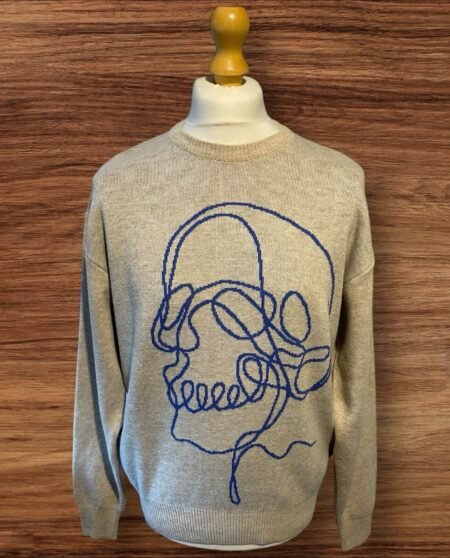 Boohoo Man Beige Crew Neck Jumper Skull Design Front Long Sleeve Size XS!!