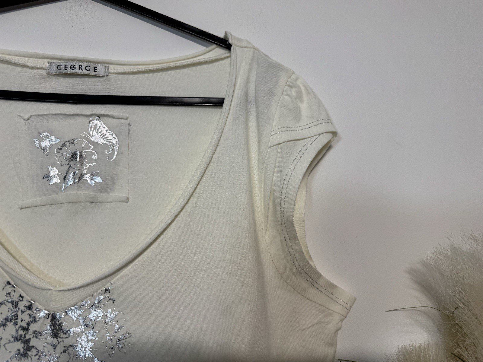 Cream & Silver Butterfly Front & Rear Graphic Short Sleeve Top 18